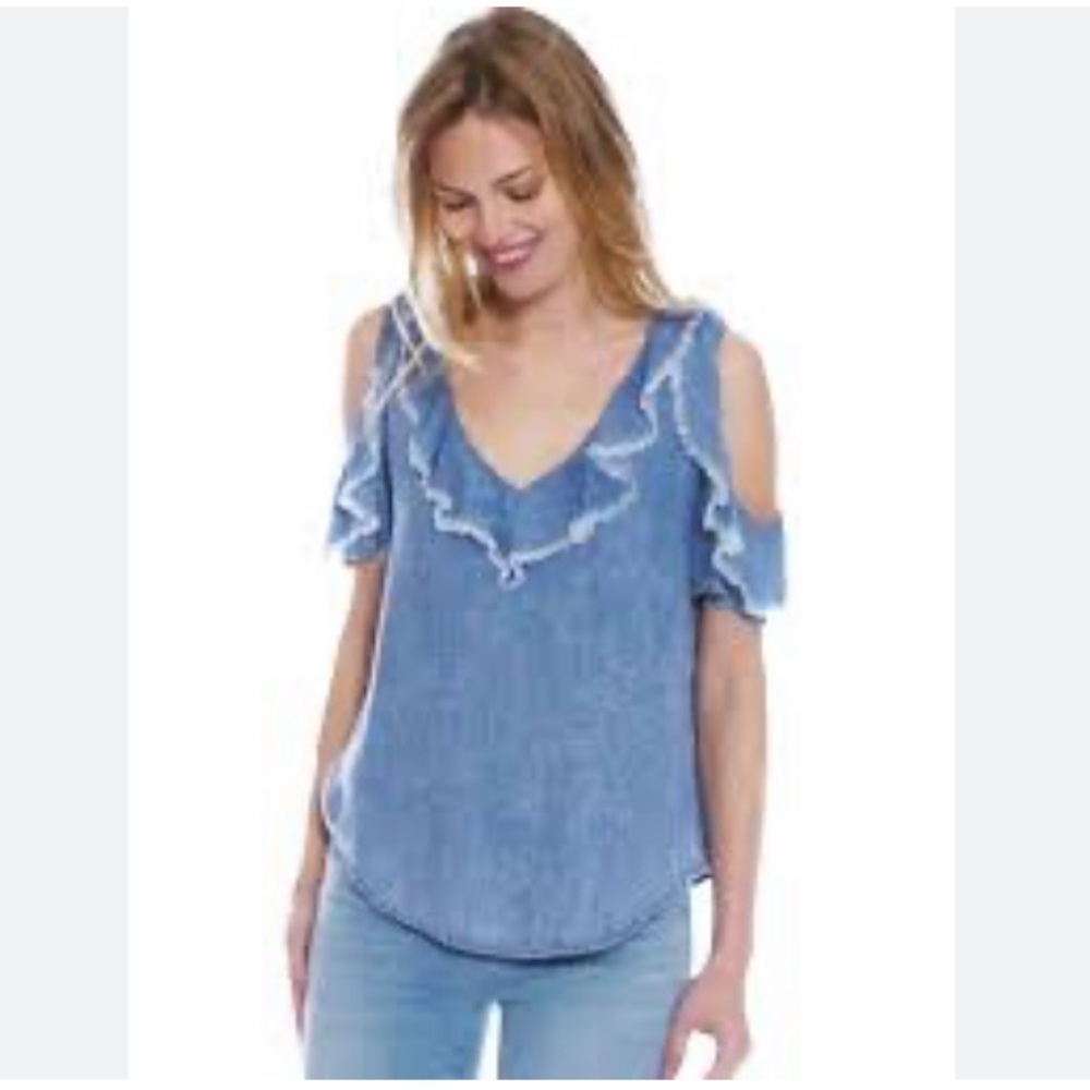 BILLY T  Frayed detail Ruffle Top with Fringe NWT